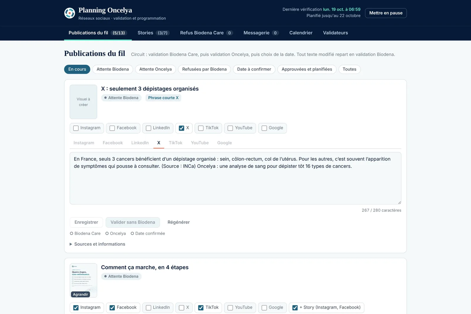 Publications avec textes par réseau et cases à cocher