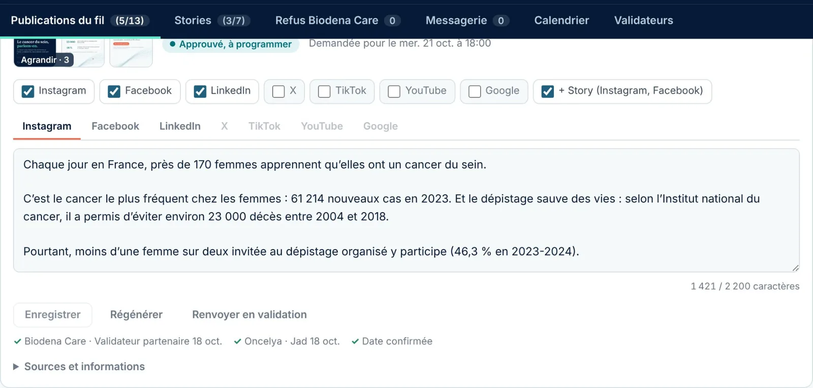 Fiche post : réseaux, partage en story, validations